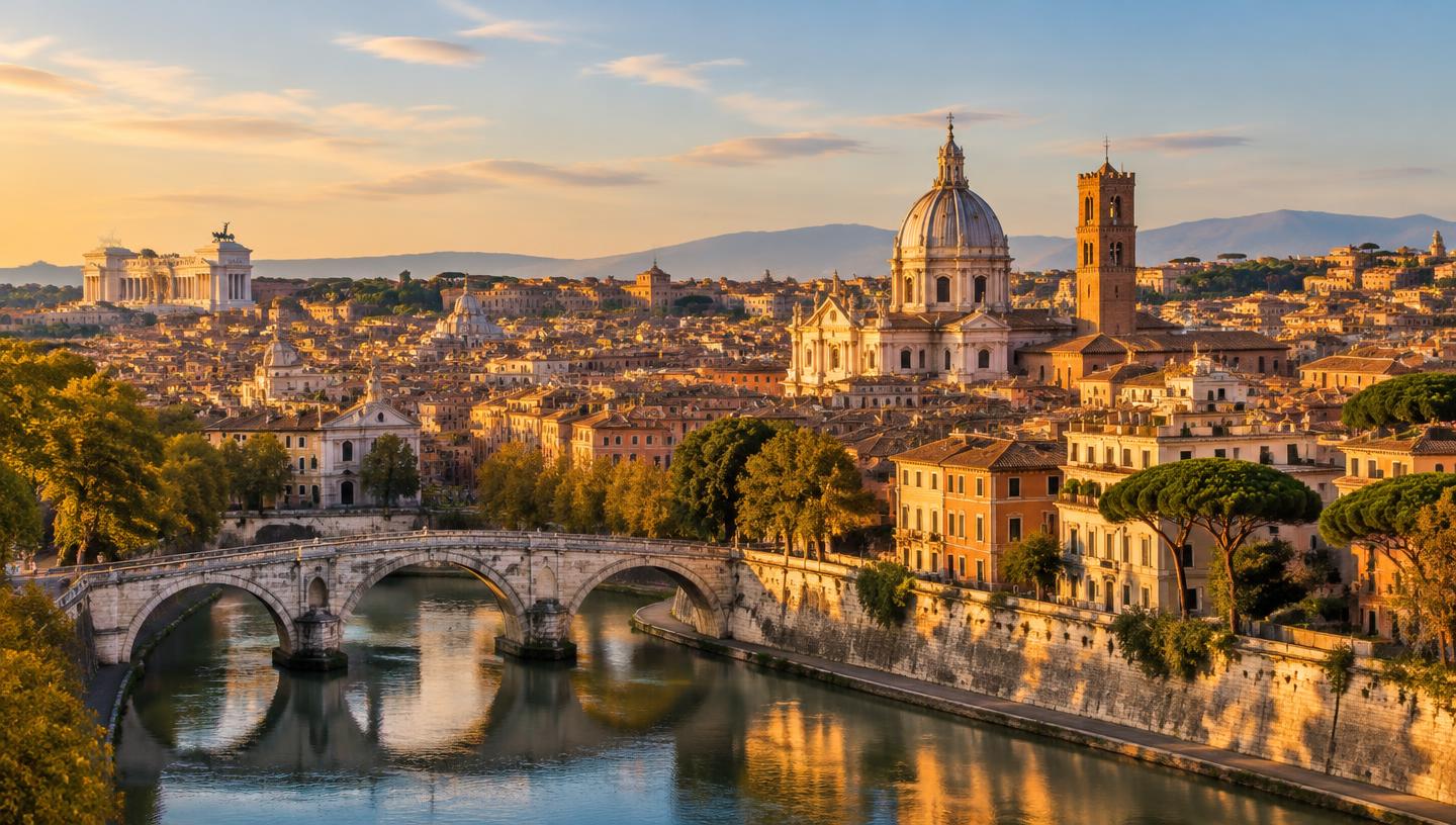 Rooftops, a Baroque dome and a stone bridge over the Tiber in Rome at golden hour