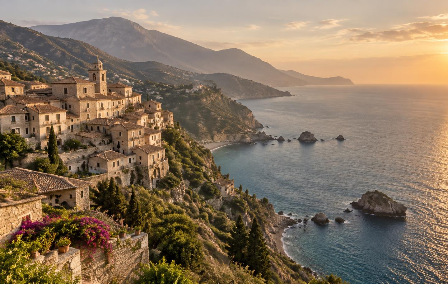 An Italian coastal town overlooking the Mediterranean in Calabria